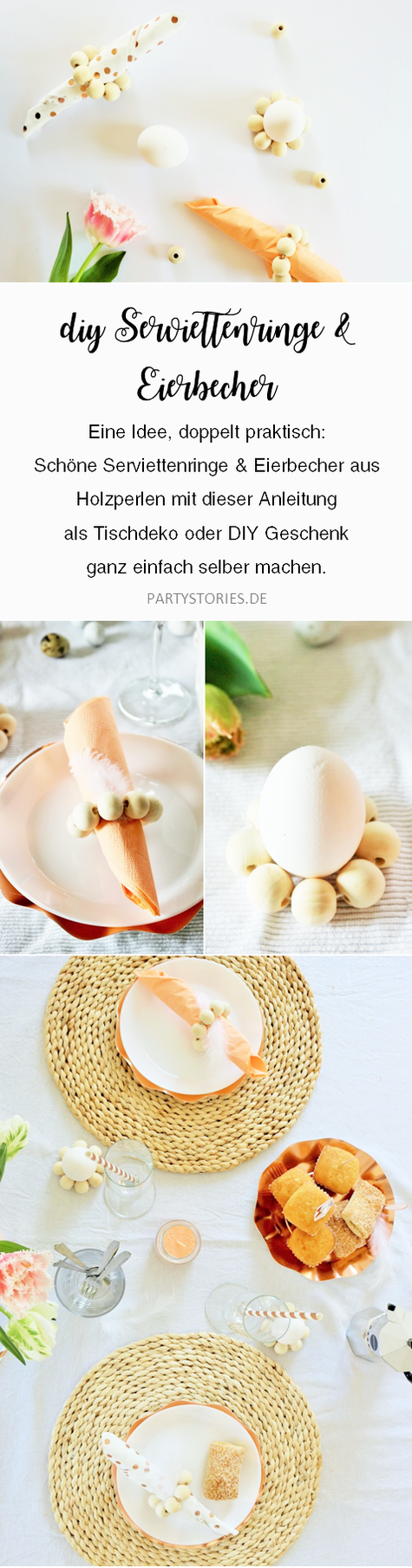 Bild: DIY Serviettenringe und Eierbecher mit Holzkugeln - mit dieser Anleitung schöne Serviettenringe und Eierbecher aus Holzperlen als Tischdeko einfach selber machen; Anleitung und Ideen von www.partystories.de
