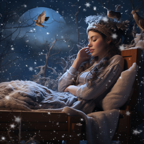 Eine schöne Frau in einem Kleid schläft auf der Bank in einem verschneiten Winterwald, im Stil traumhafter Fantasiewesen, dunkles Himmelblau und dunkles Beige, UHD-Bild, Porträts mit verborgener Bedeutung, Vogelmotiv