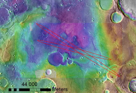 Carte topographique MOLA et les ellipses d’incertitude d’atterrissage du début et de la fin de la fenêtre de tir.