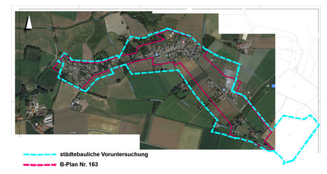 Planungsgrenzen der Voruntersuchung (blau), des Bebauungsplanes Nr. 163 "Natbergen - Auf der Heide" (rot) und Darstellung der aktuellen Situation (Google-Maps, Juli 2020) 