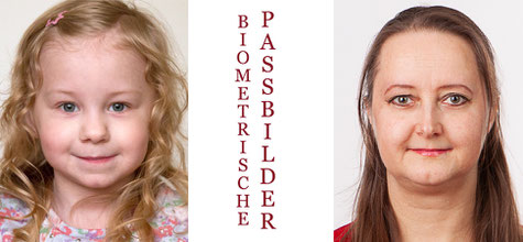 ein kleines Mädchen mit blonden Locken und eine Frau mit dunkelblonden langen Haaren im Bildausschnitt eines Biometrischen Fotos