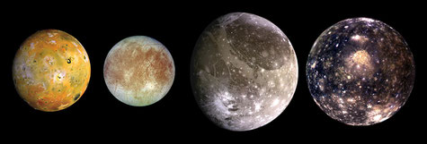 Abb. 2: Fotomontage der Galileischen Monde v. l. n. r.: Io, Europa, Ganymed und Kallisto.