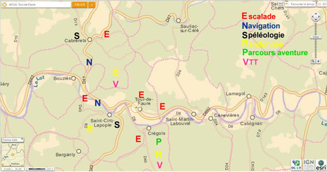 Carte des activités sportives (outdoor activities) sur le département du Lot autour de Saint Cirq Lapopie Tour de Faure 46330.Touristic vallées du Lot Célé.Avec Lot aventure 46.