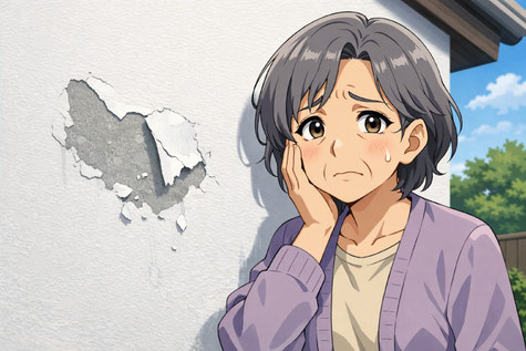 塗ったばかりの外壁塗膜が剥がれて困っている女性