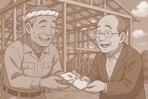 着工時にご祝儀を渡す文化があった頃（昭和）のイメージイラスト
