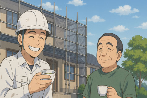 家主・施主さんからお茶を出してもらったので作業の手を止めてお茶を頂く塗装職人