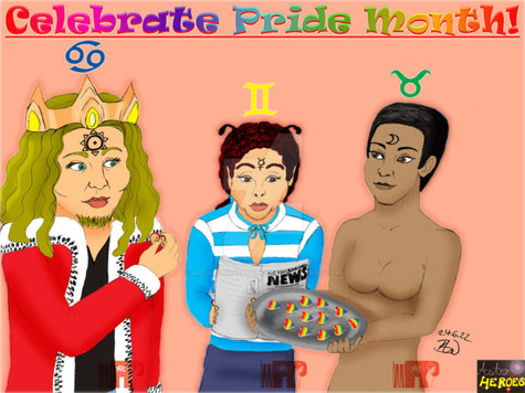 Mein Bild zum "Pride Month" 2022: Der Sonnenkönig und die Mondgöttin backen Regenbogen-Kekse, während der Götterbote in einer Zeitung liest