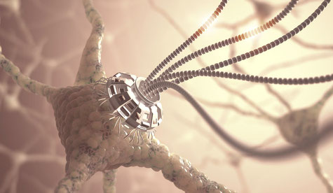  Rendu artistique d'un réseau neuronal avec une connexion artificielle dans un concept de nanotechnologie.