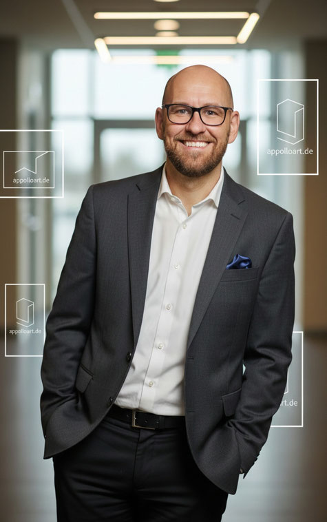 Patrick Kleinschmidt von AppolloART vor moderner Büro-Gang mit 3D-Architekturvisualisierungen – Fachmann für Graffiti & Wandgestaltung.
