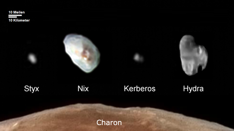 Fotomontage der Plutomonde aus Bildern von New Horizons im Juli 2015. Charon und Nix befinden sich dabei in Echtfarbe. © NASA/JHUAPL/SwRI (Bild wurde leicht verändert)