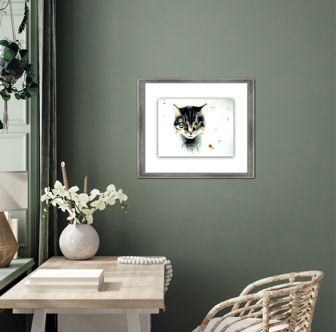 Tierportrait Kater "Findus" - Aquarell - Farben: Grau, Gelb, Grün -verkauft