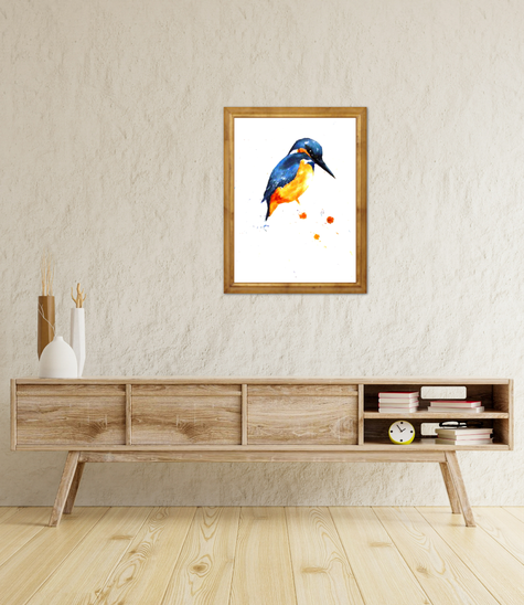Ein Tierportrait eines Eisvogels.  Größe: 30 x40 cm auf Aquarellpapier. Mit Aquarellfarben gemalt in den Farben Blau und Siena gebrannt. Verkauft