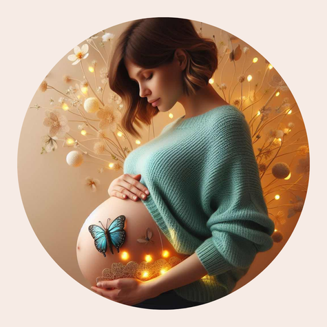 future maman de profil, pull turquoise remonté sur son joli bidou, papillon turquoise pose sur le côté du ventre; guirlandes qui éclairent d'une douce lumière en arrière-plan. ambiance douce