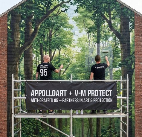 Präzision und Schutz: Hier sieht man die enge Verzahnung unserer Arbeit. Während das Wald-Design finalisiert wird, sorgt die V-M Protect 95 Versiegelung für den dauerhaften Schutz der Fassade.