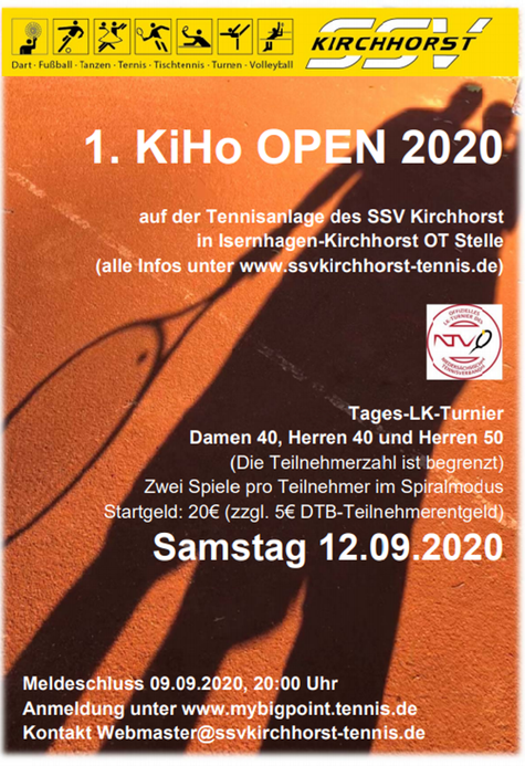 1. KiHo Open 2020 Tages-LK-Turnier Samstag, den 12.09.2020 in Isernhagen-Kirchhorst OT Stelle - Infos und Anmeldung unter www.mybigpoint.tennis.de