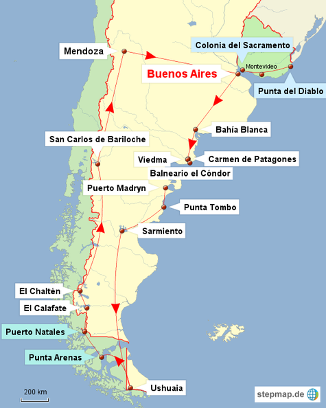 Bild: Karte der Reiseroute Argentinien, Uruguay und Chile
