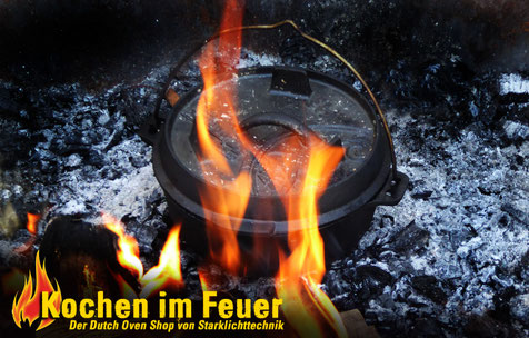 Dutch Oven Kochen im Feuer am Lagerfeuer