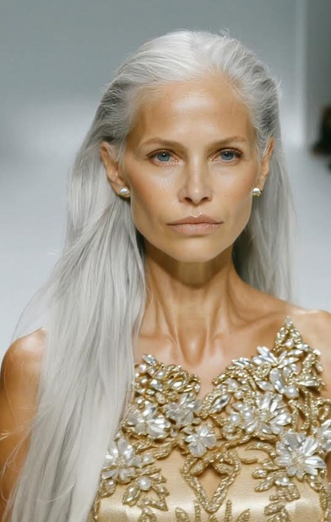 Frau mit silbergrauem Haar auf dem Laufsteg, getragenes goldbesticktes Oberteil mit Perlendetails. Sie trägt elegante goldene Perlenohrringe, die Szene wirkt kraftvoll und luxuriös.