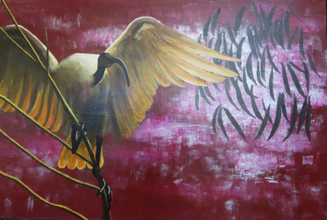 "Sacred Ibis" 94cm x 63cm Multimedia on canvas, black timber frame $950 (excluding freight)