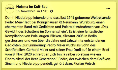 Florian Vetsch Buchbesprechung – Pedro Meier – Das Gewicht des Schattens im Sonnenschein – Gedichte und Polaroids von Streifzügen durch Berlin – Verlag Königshausen & Neumann, Würzburg – Noisma im Kult-Bau (Facebook) – Literaturzeitschrift St. Gallen