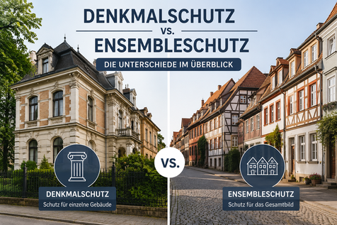 Vergleich zwischen Denkmalschutz und Ensembleschutz mit historischer Villa und geschütztem Straßenzug historischer Häuser.