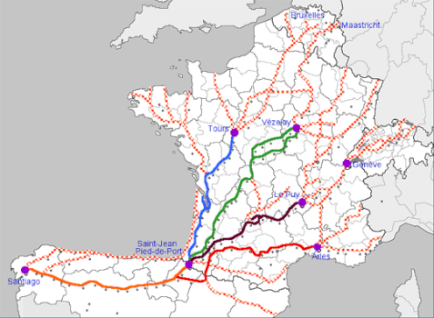 Les 4 voies en France via St Jacques  de compostelle