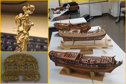 持参作品：左＝船首像、Sternオーナメント、右＝製作中作品