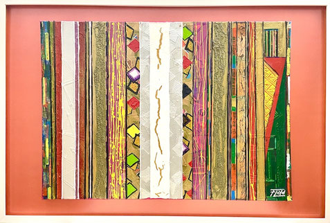 „INERTIALSYSTEM“ – abstraktes Gemälde von Andreas Alka alias FLoYd. Vertikale, farbenfrohe Streifen und strukturierte Linien symbolisieren ein physikalisches Inertialsystem.  Moderne, geometrische Komposition mit lebendigen Farben auf rotem Hintergrund.