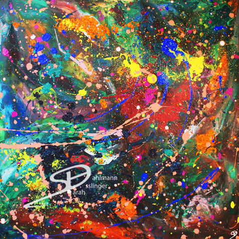 Sarah Esslinger-Dahlmann, live love laugh, März 2017, 100 x 100 cm, Acrylfarbe, Mischtechnik auf Leinwand, abstraktes, kraftvolles, farbintensives Werk, vollflächig, Spritzer, Punkte, viel Grün, gelb, orange als Akzente