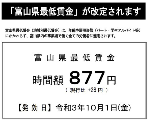 富山県最低賃金　令和3年10月