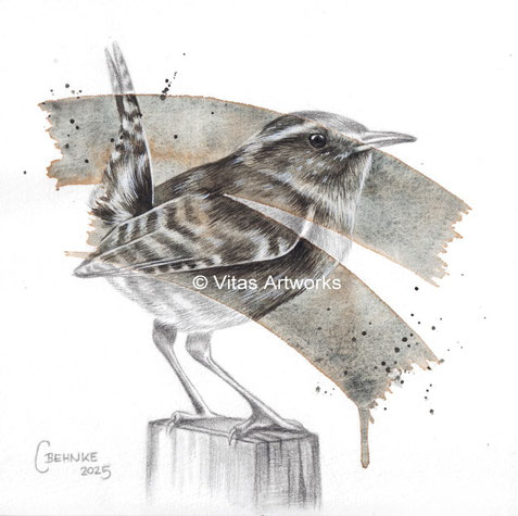 modernes Mixed Media Bild - Zaunkönig Originalkunstwerk