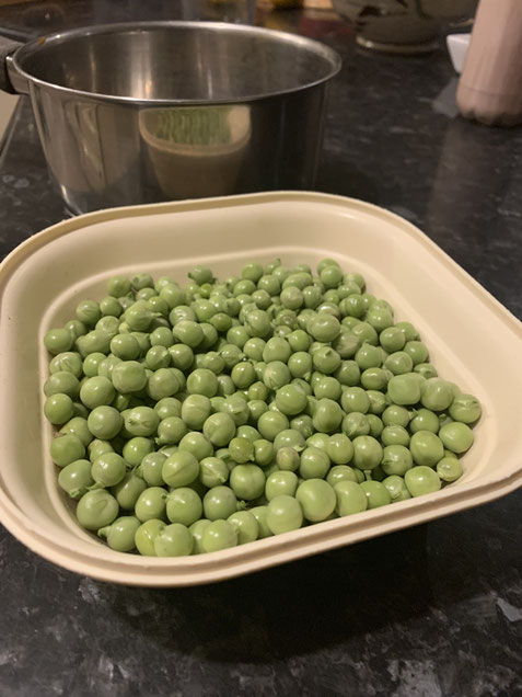 Bringing in homegrown peas for dinner.