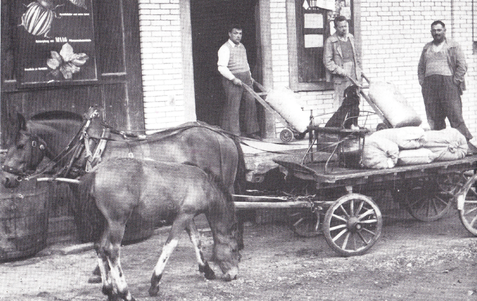 Abb.6: Futtermittelsäcke wurden mit Ross und Wagen transportiert. Von links: Richard Arnold, Johann Hummel und Anton Wyss. Fotografie von 1953.