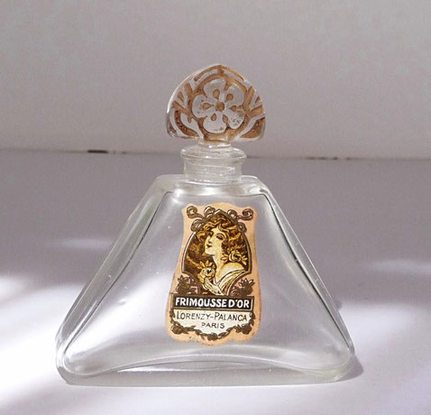 LORENZY-PALANCA : FRIMOUSSE D'OR - RAVISSANT PETIT FLACON AVEC BOUCHON EN VERRE PATINE