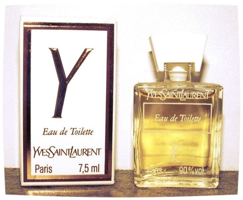 Y - EAU DE TOILETTE 7,5 ML - FACE DE LA MINIATURE NON LISSE - BOUCHON BLANC FORME TRAPEZE