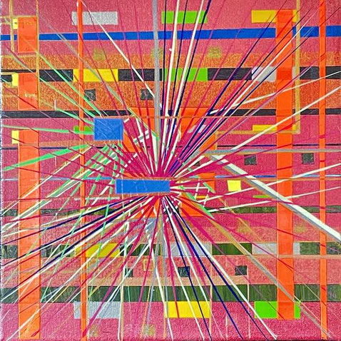Acrylbild: Leuchtend pink-orangener Hintergrund mit geometrischen Farbfeldern und einem zentralen blauen Rechteck, aus dem zahlreiche farbige Linien strahlenförmig in alle Richtungen verlaufen und ein dynamisches Netz aus Bewegung und Struktur bilden.