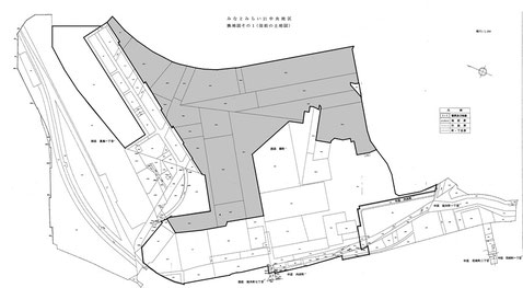 MM区画整理対象地区の従前の土地図、グレー部分は旧緑町の海面　出典：UR都市機構東日本都市再生本部への情報開示提供資料、神奈川県県土整備局都市部都市整備課土地区画整理グループへの情報開示提供資料を元に筆者が作図