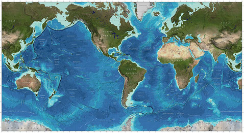 The global continental shelf, highlighted in cyan, defines the extent of coastal habitats, and occupies 5% of the total world area. Tap to view in full size. Source: By GEBCO world map 2014 (public domain) - [1] doi:10.3389/fmars.2019.00241, CC0, https:/ 