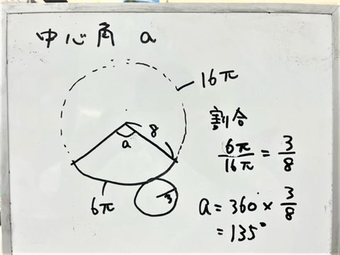 【中1数学　扇形（おうぎがた）】こちらは、底面の半径が３ｃｍ、母線の長さが８ｃｍの円錐（えんすい）の展開図です💁‍♂️　円錐の側面は扇形になります😌　扇の面積や中心角を求めるときには、扇を含む半径８ｃｍの円を考えて、扇がその円のどのくらいの割合になるのかを考えます☝　その割合の数字を利用して、扇の面積や中心角の角度を求めます💁‍♂️　（こちらは最近、授業で中１の生徒さんにお教えしたときのホワイトボードです）