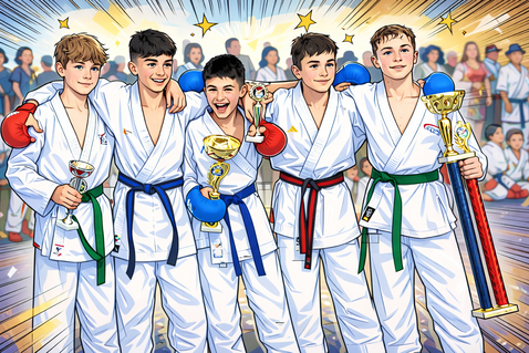 Karate Jugendliche mit Pokalen 