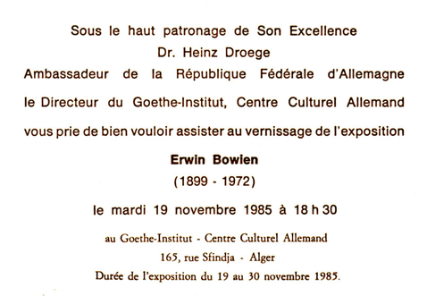 Invitation card to the Bowien exhibition at the Goethe Institute in Algiers