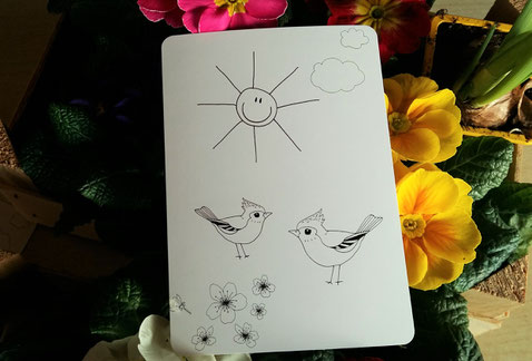 Postkarte zum ausmalen - Frühling - beidseitig bedruckt mit Vögeln und Sonne - Vorderseite