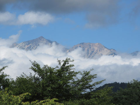 <小川村にて、雲の切れ間から朝一瞬見えた白馬鑓と杓子岳>