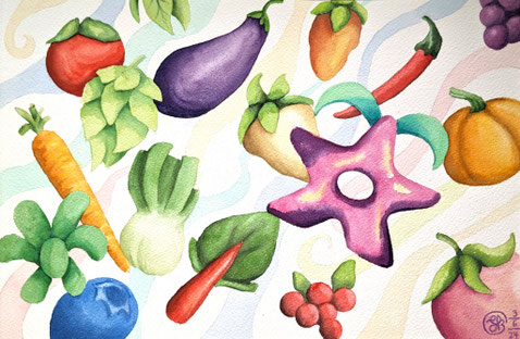 Aquarellbild "Stardew Valley Obst und Gemüse": Fanart zum PC-Spiel mit allerlei Gemüse und Obst 