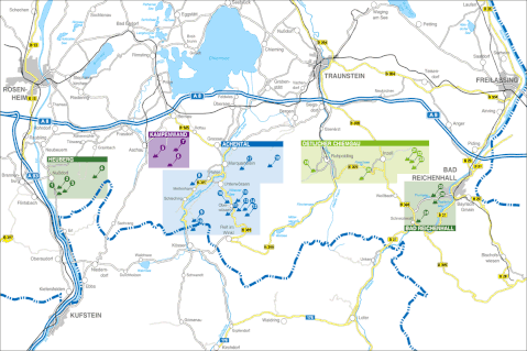 Übersichtskarte der fünf Sportkelttergebiete im Chiemgau