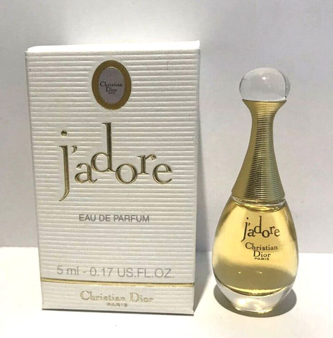 2ème BOÎTE - J'ADORE - EAU DE PARFUM 5 ML : MINIATURE AVEC SERIGRAPHIE DOREE, BOÎTE AVEC LISERE DORE