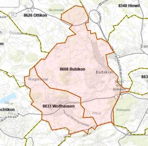 Die Dorfgrenzen nach Postleitzahlen (Screenshot post.ch)