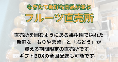 フルーツ直売所　びわこのほとりの梨園で採れたフレッシュなもりやま梨、こばまぶどうを販売しています。