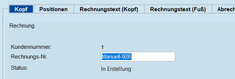 Belegnummer manuelle vergeben Kopf Maske Rechnung