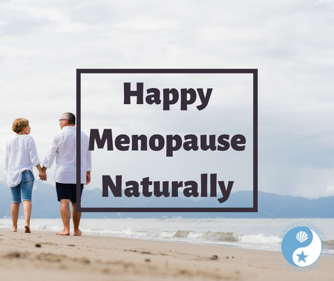 "Happy Menopause Naturally" over couple walking on the beach, Beachside blog